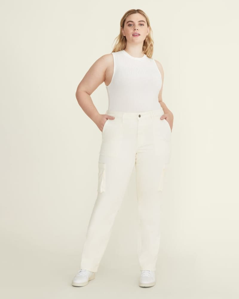 Front of a model wearing a size 22X33 SXF PLUS - UTILITY STRAIGHT | PARCHMENT in PARCHMENT by Warp + Weft. | dia_product_style_image_id:293036
